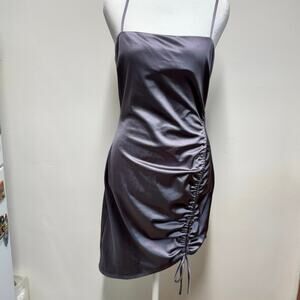 GLARE Satin Mini Dress Womens L Ruched Side Tie Spaghetti Strap Y2K Purple Party